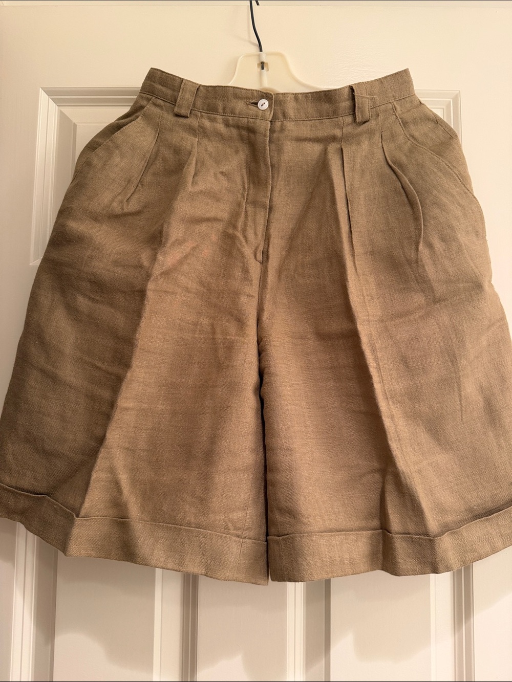High-Waist Tan 100%Linen Women’s Petite Shorts